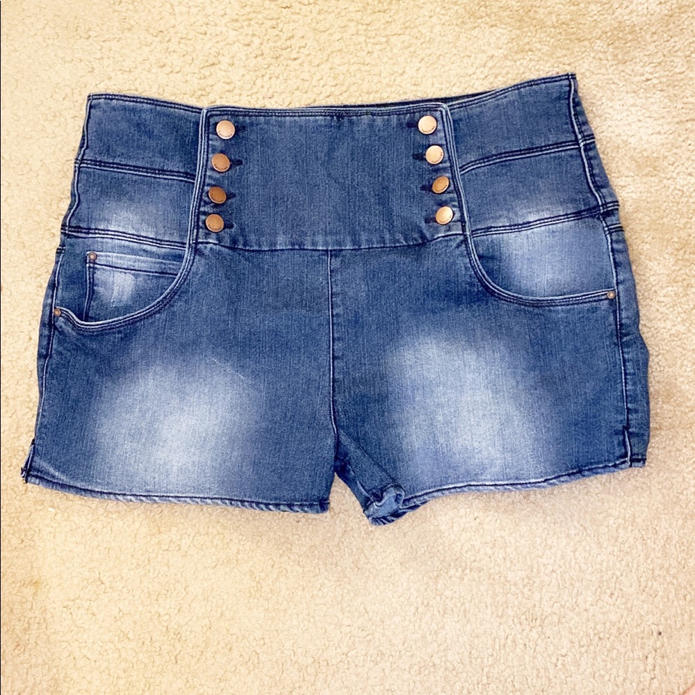 8 button high rise denim shorts